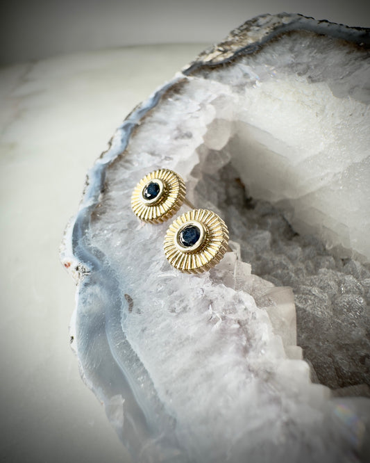 Blue Sapphire Sunburst Earrings | 14k Yellow Gold