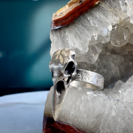 Raven Skull Ring with Wide Band | Sterling Silver