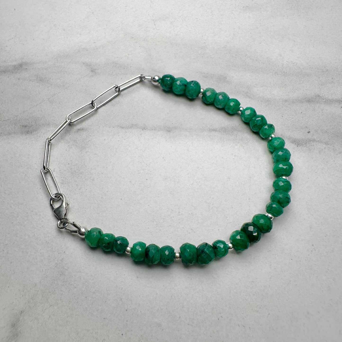 Faceted Emerald Beaded Bracelet with Silver Accent Beads | Adjustable | Sterling Silver