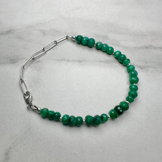 Faceted Emerald Beaded Bracelet with Silver Accent Beads | Adjustable | Sterling Silver