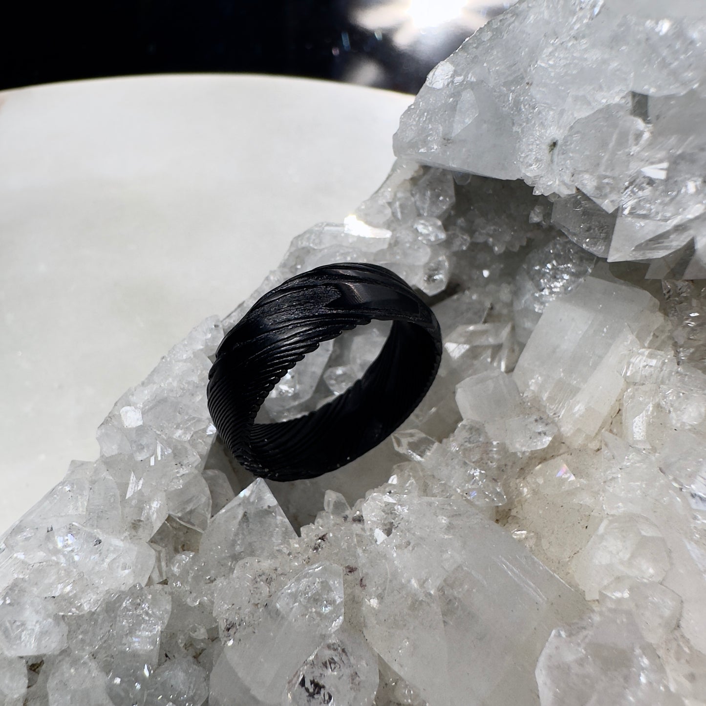 Black Damascus Steel Ring with Beveled Profile