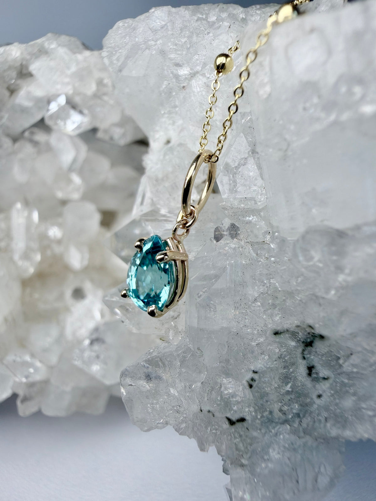 Blue Zircon Raindrop Mini Pendant | 14k Yellow Gold