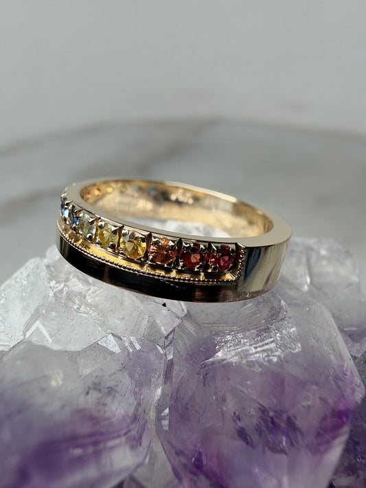 Rainbow Sapphire Flat Band Ring | 14k Yellow Gold