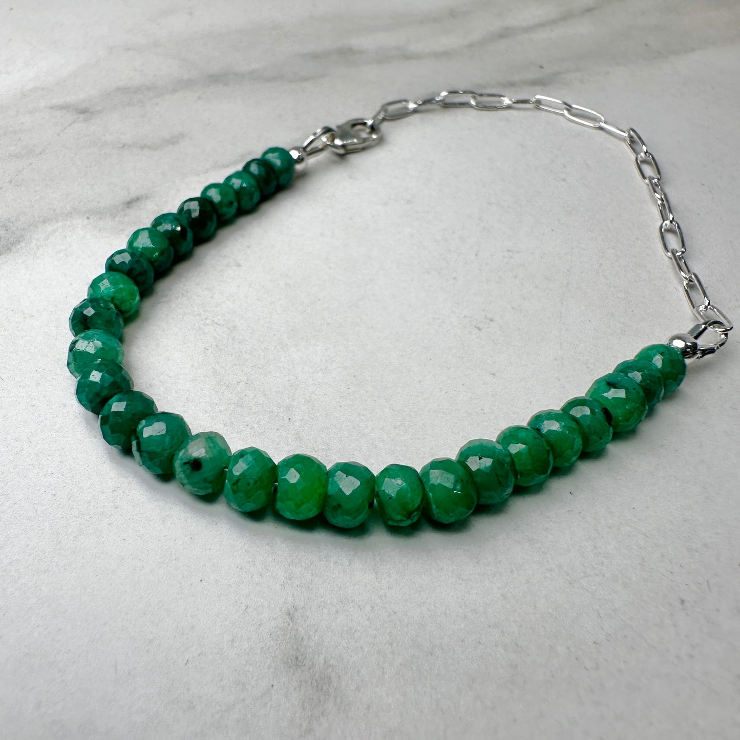 Faceted Emerald Beaded Bracelet | Adjustable | Sterling Silver