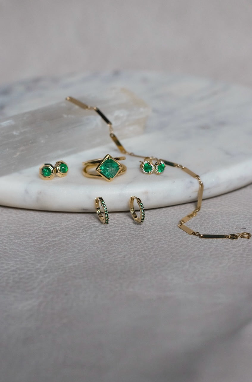 Lab Grown Emerald Huggie Hoops | 14k Yellow Gold