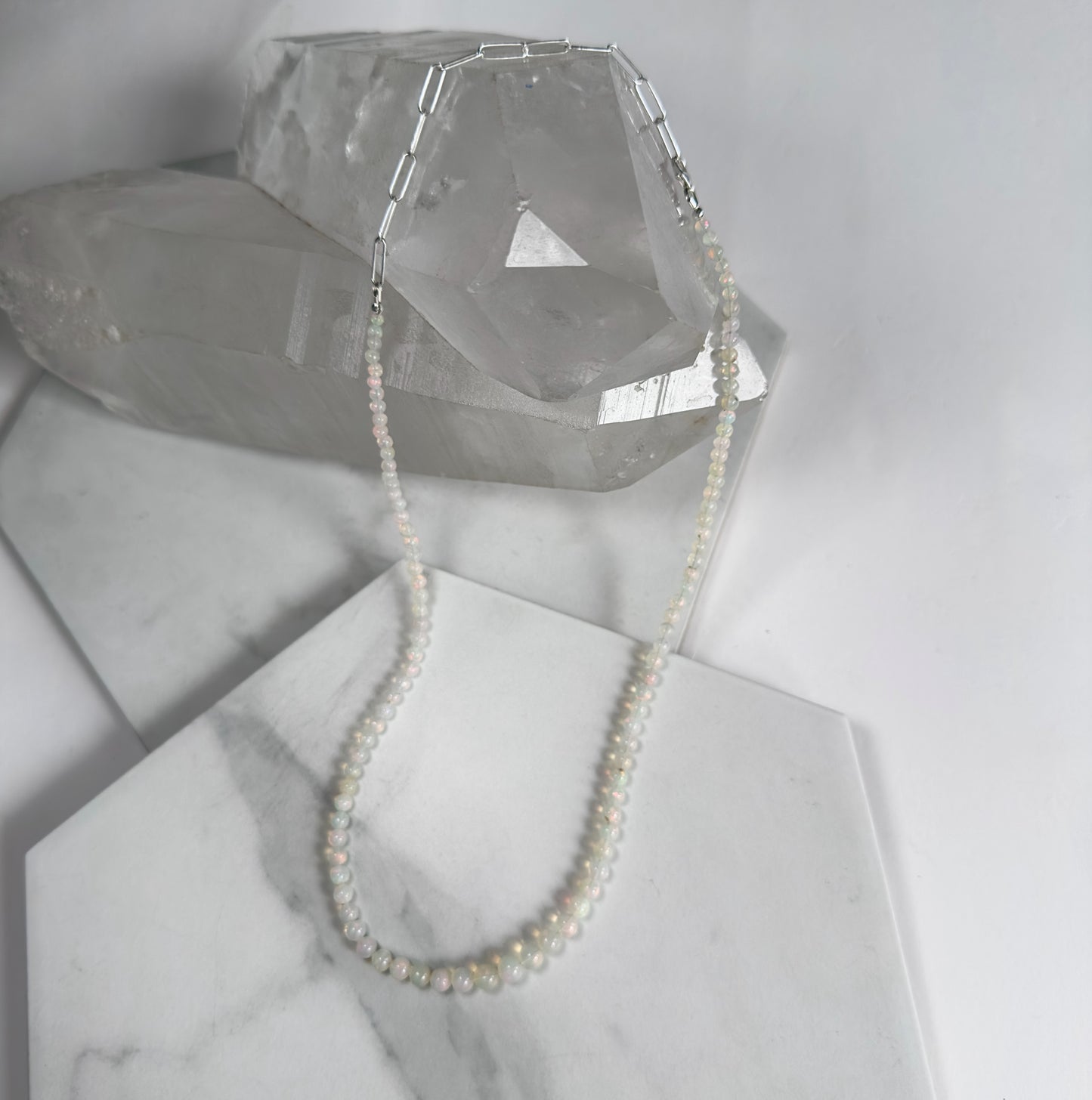 White Opal Beaded Necklace with Paperclip Chain