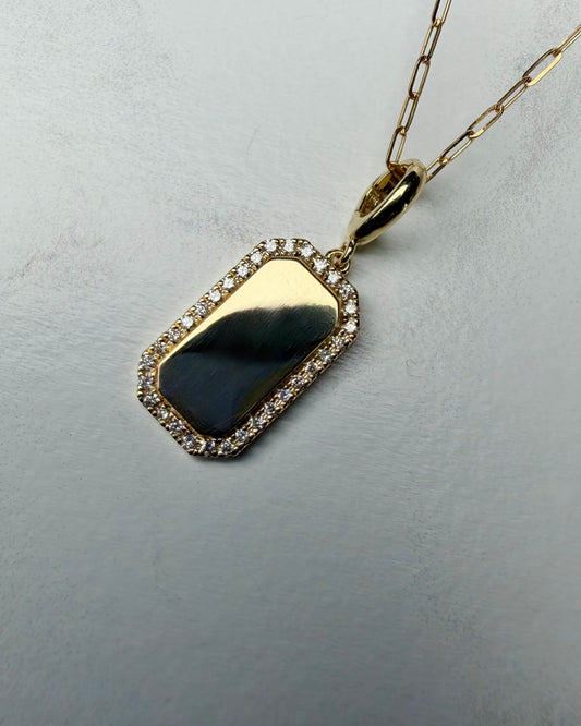 Rectangular Pendant with Diamond Border | 14k Yellow Gold