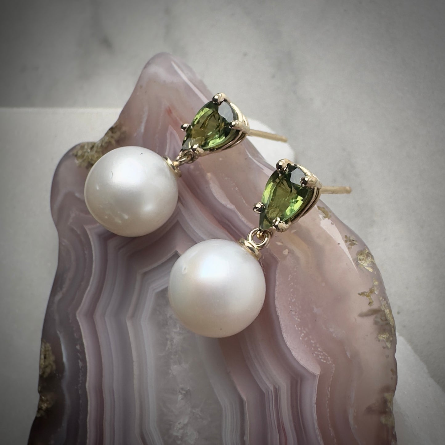 Green Australian Sapphire and Freshwater Pear Drop Earrings | 14k Yellow Gold
