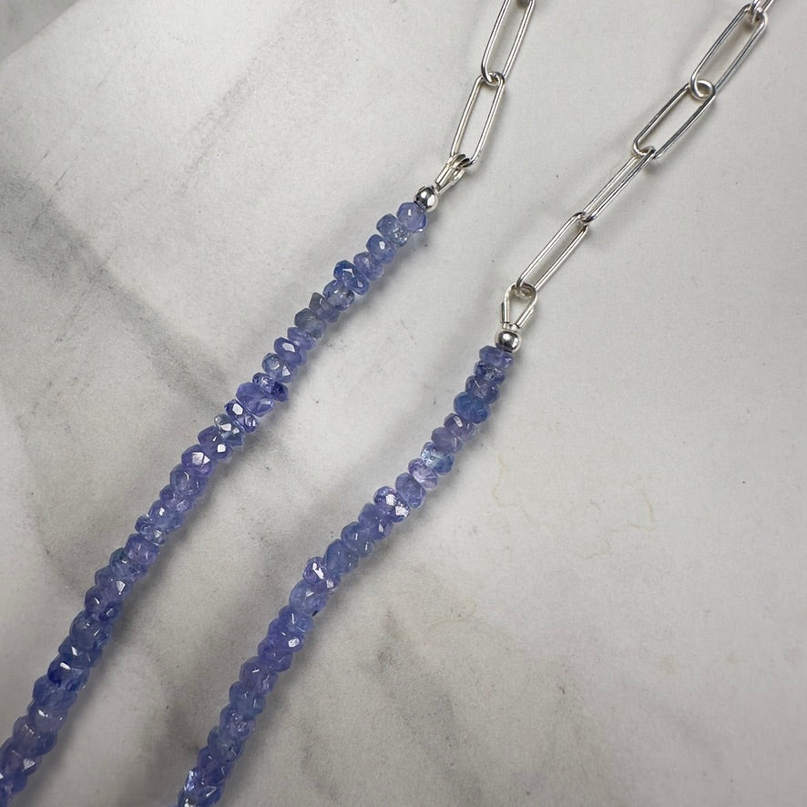 Tanzanite Beaded Necklace with Paperclip Chain