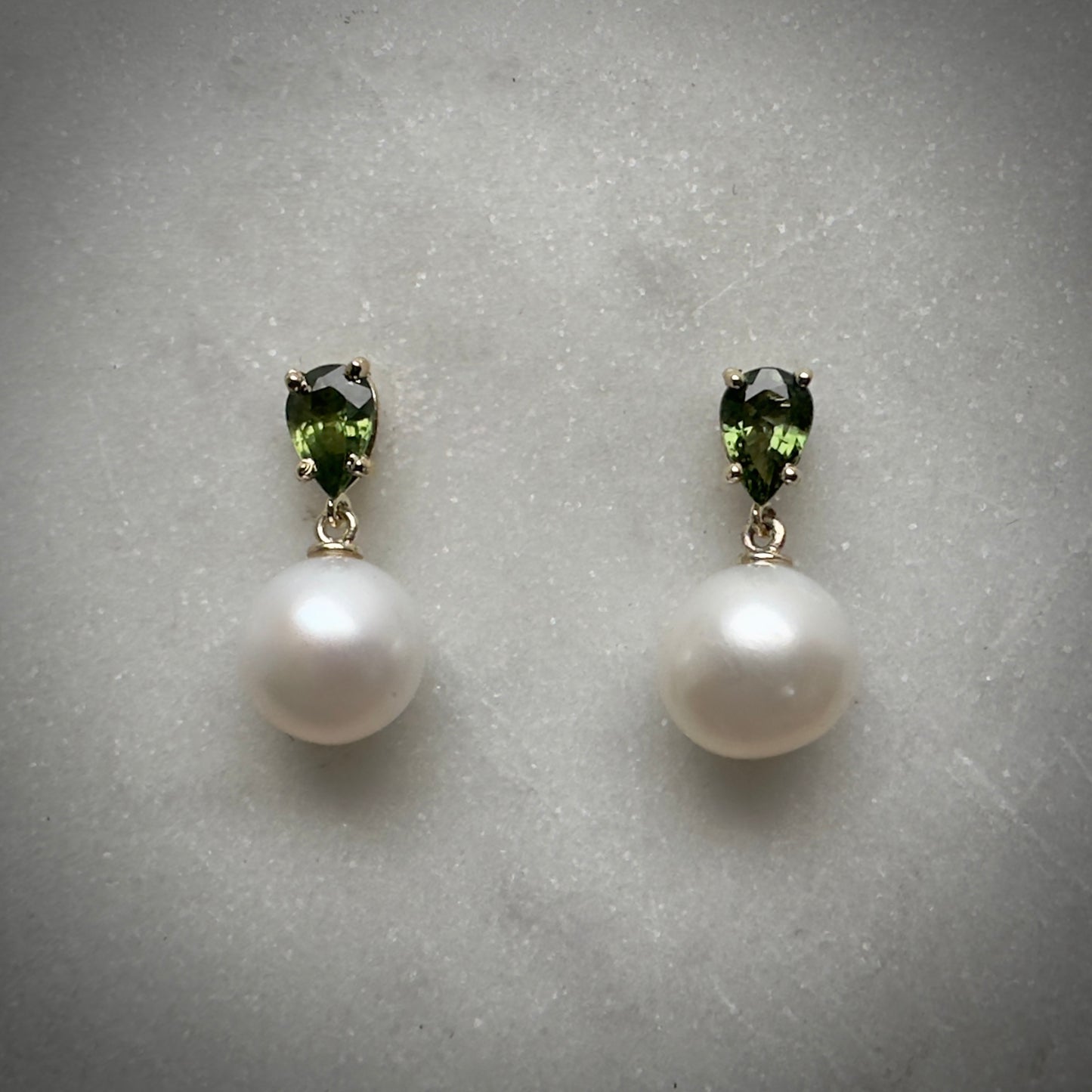 Green Australian Sapphire and Freshwater Pear Drop Earrings | 14k Yellow Gold