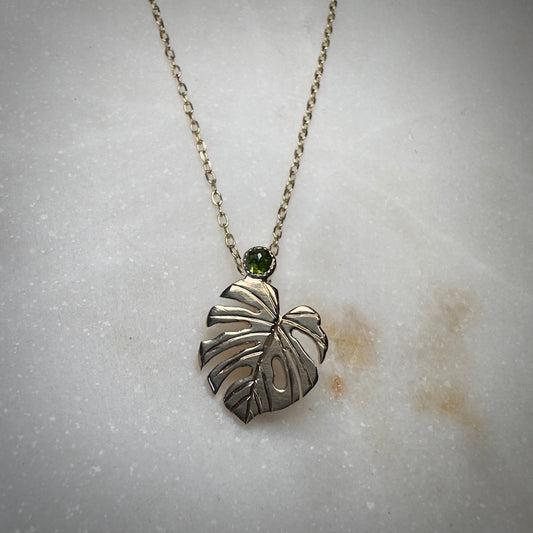 Monstera + Green Diamond Pendant | 14k Yellow Gold