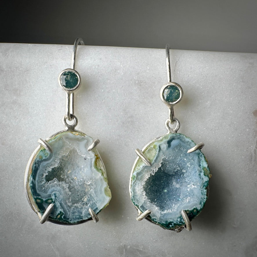 Tabasco Geode Earrings with Silky Teal Sapphires