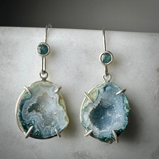 Tabasco Geode Earrings with Silky Teal Sapphires