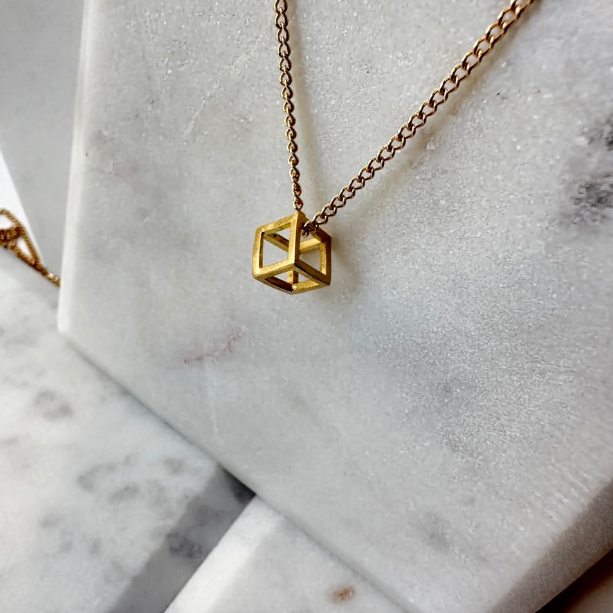14k Gold Cube Pendant | Small