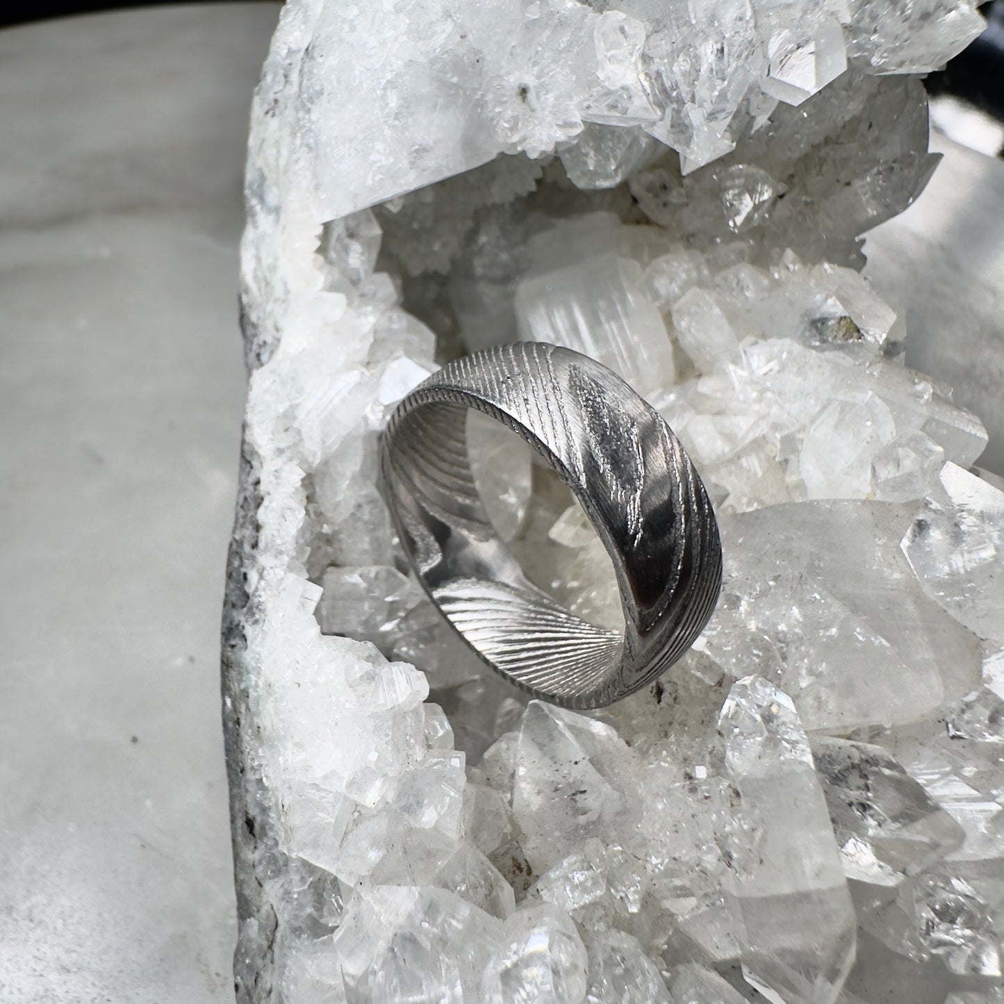 Grey Damascus Steel Ring with Half Round Profile