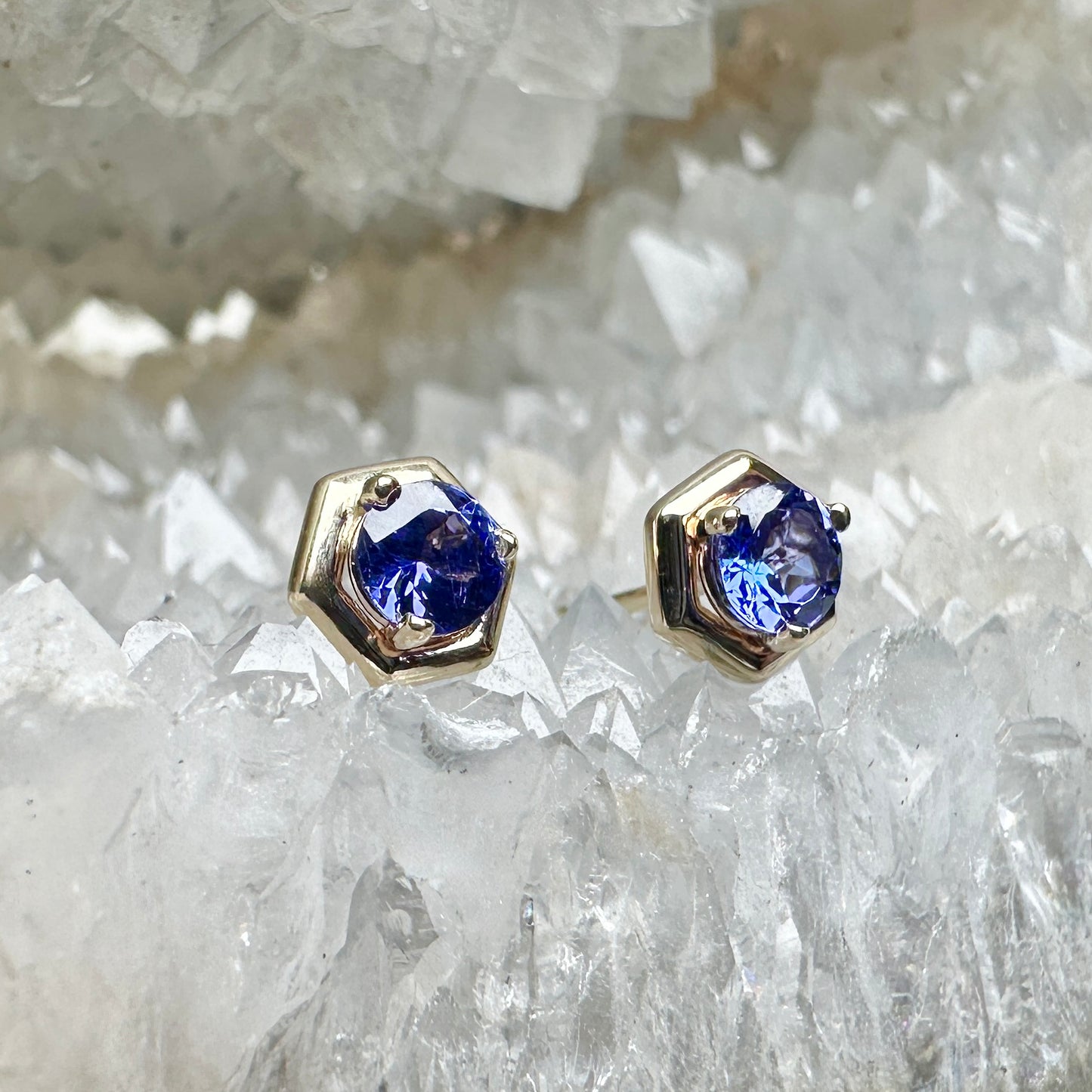 Tanzanite Hex Studs | 14k Yellow Gold