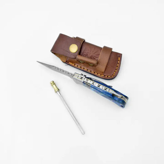 Damascus Steel Pocket Knife with Royal Blue Wood Handle