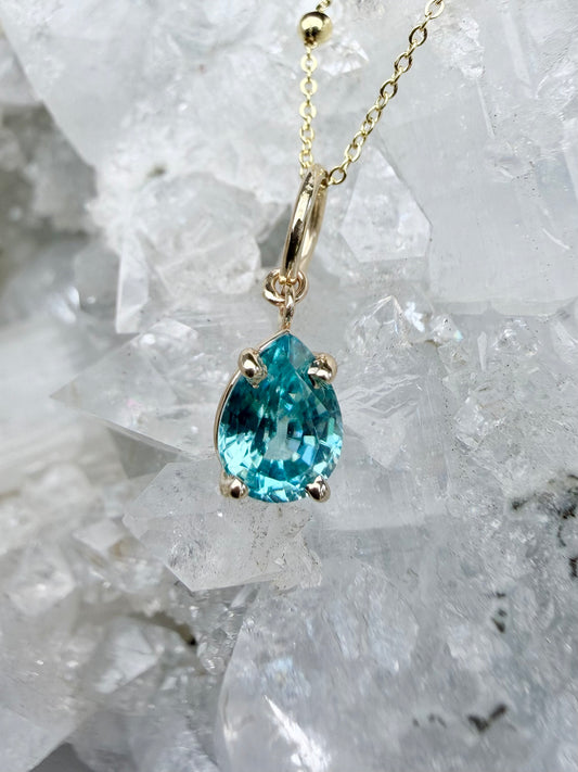 Blue Zircon Raindrop Mini Pendant | 14k Yellow Gold