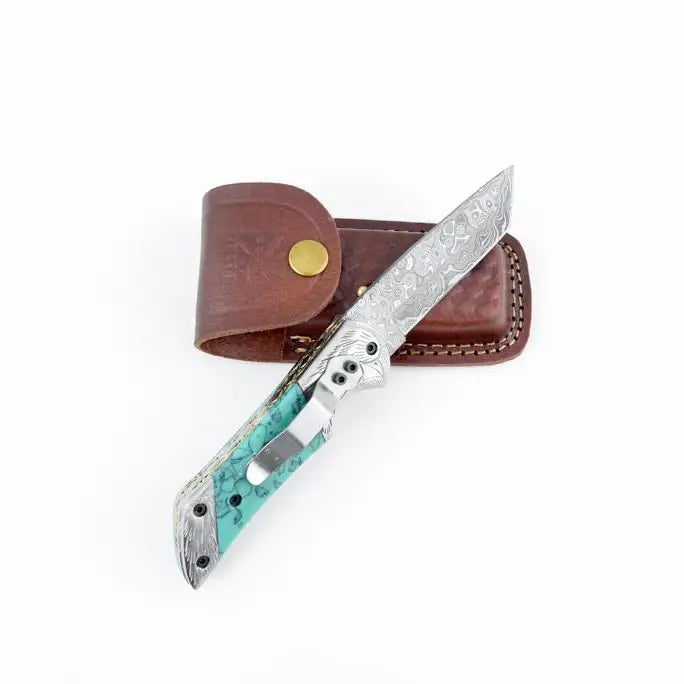 Faux Turquoise and Damascus Steel Pocket Knife