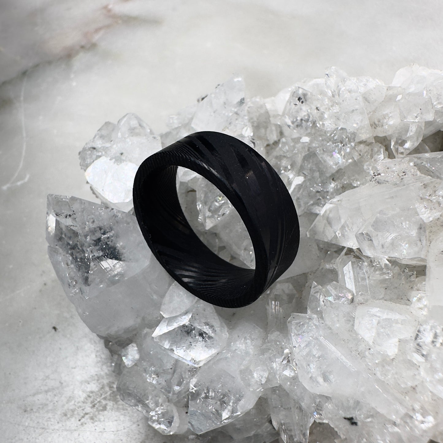 Black Damascus Steel Ring with Flat Round Profile