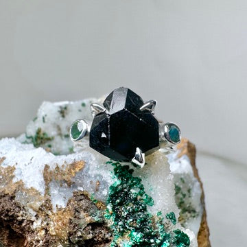 Black Tourmaline & Sapphire Statement Ring | Sterling Silver