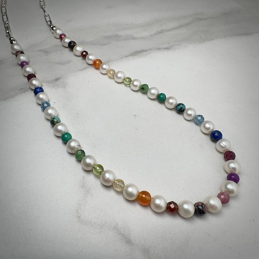 Freshwater Pearl + Rainbow Gemstone Choker Necklace