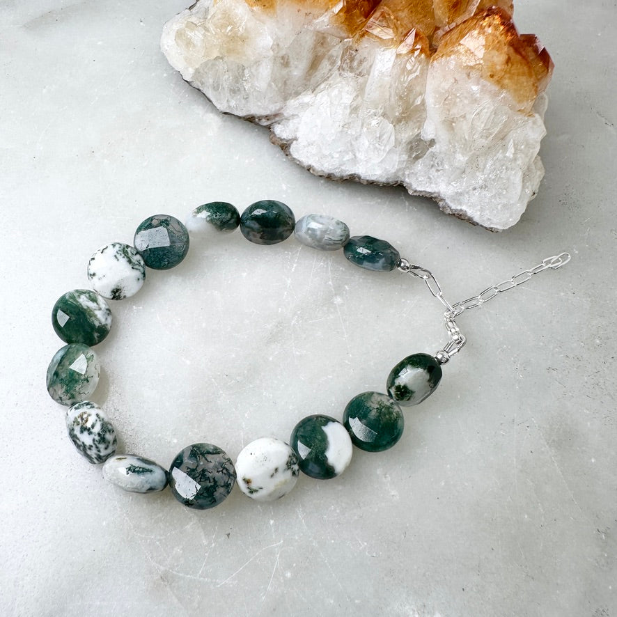 Moss Agate Beaded Bracelet | Sterling Silver