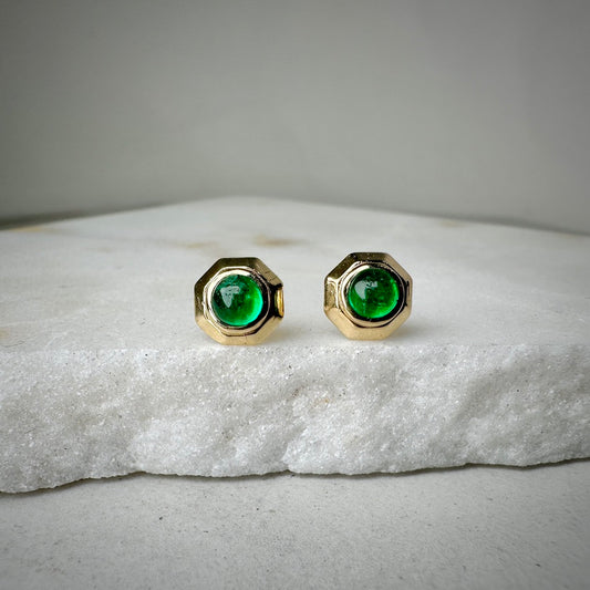 Emerald Octagon Studs | 14k Yellow Gold