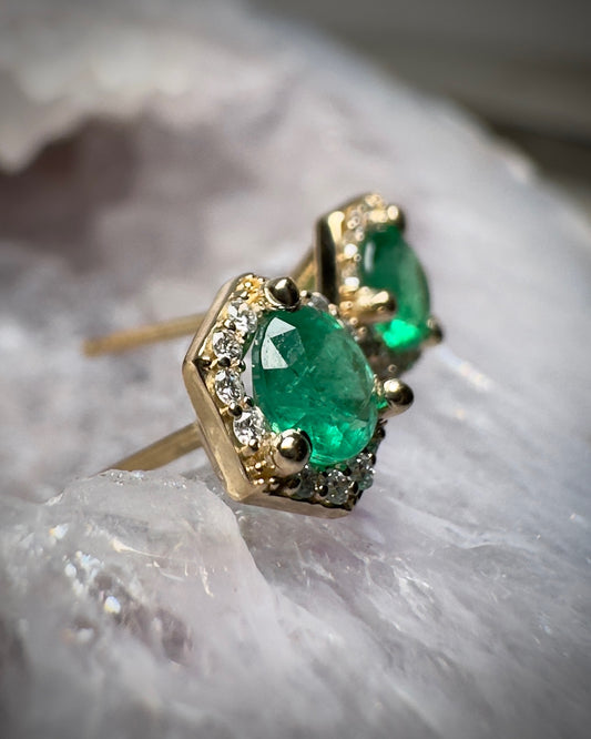 Emerald & Diamond Halo Hexagon Stud Earrings | 14k Yellow Gold
