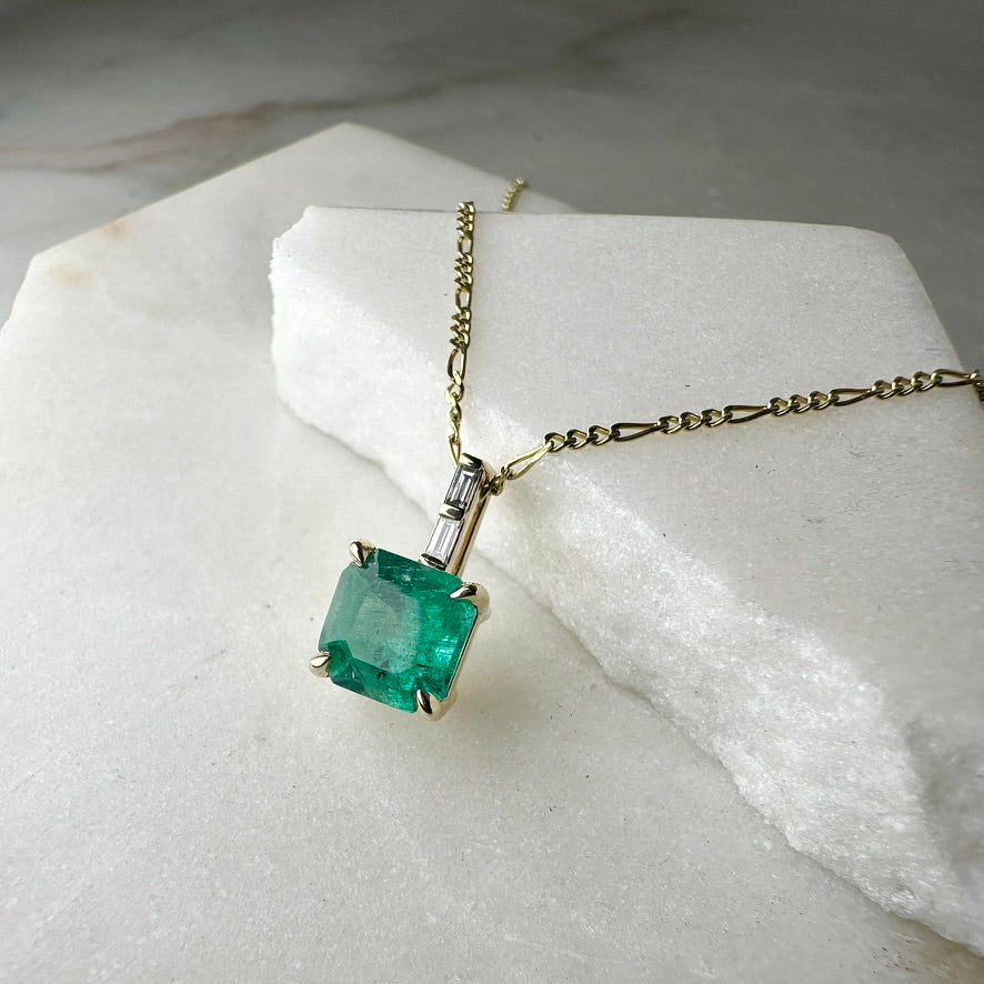 Emerald Pendant with Baguette Diamonds | 14k Yellow Gold