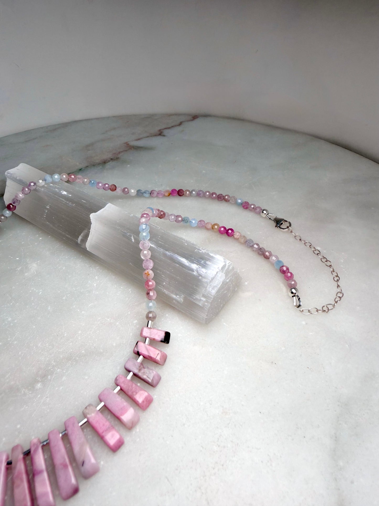 Pastel Pink Rhodonite & Tourmaline Statement Necklace | Sterling Silver