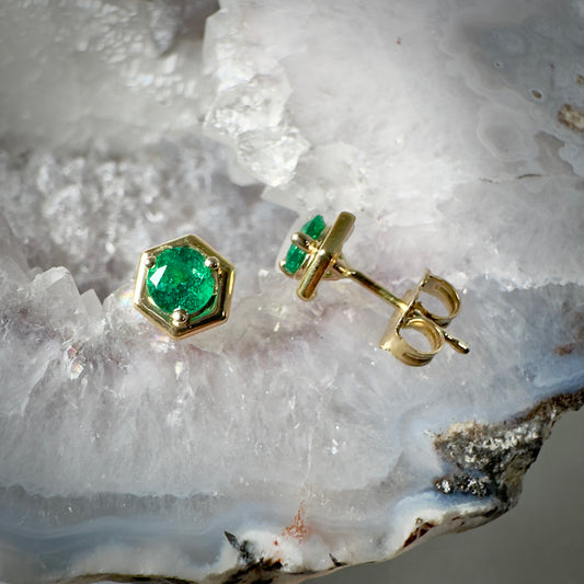 Emerald Hexagon Stud Earrings | 14k Yellow Gold