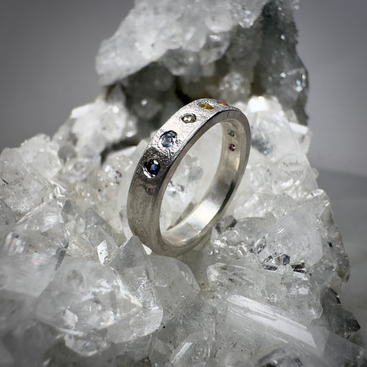 Granite Band with Rainbow Sapphires | Sterling Silver