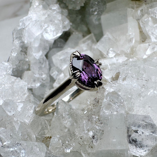 Antique-Inspired Purple Spinel Solitaire Ring | 14k White Gold