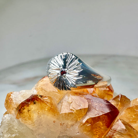 Garnet Sunburst Signet Ring | Sterling Silver