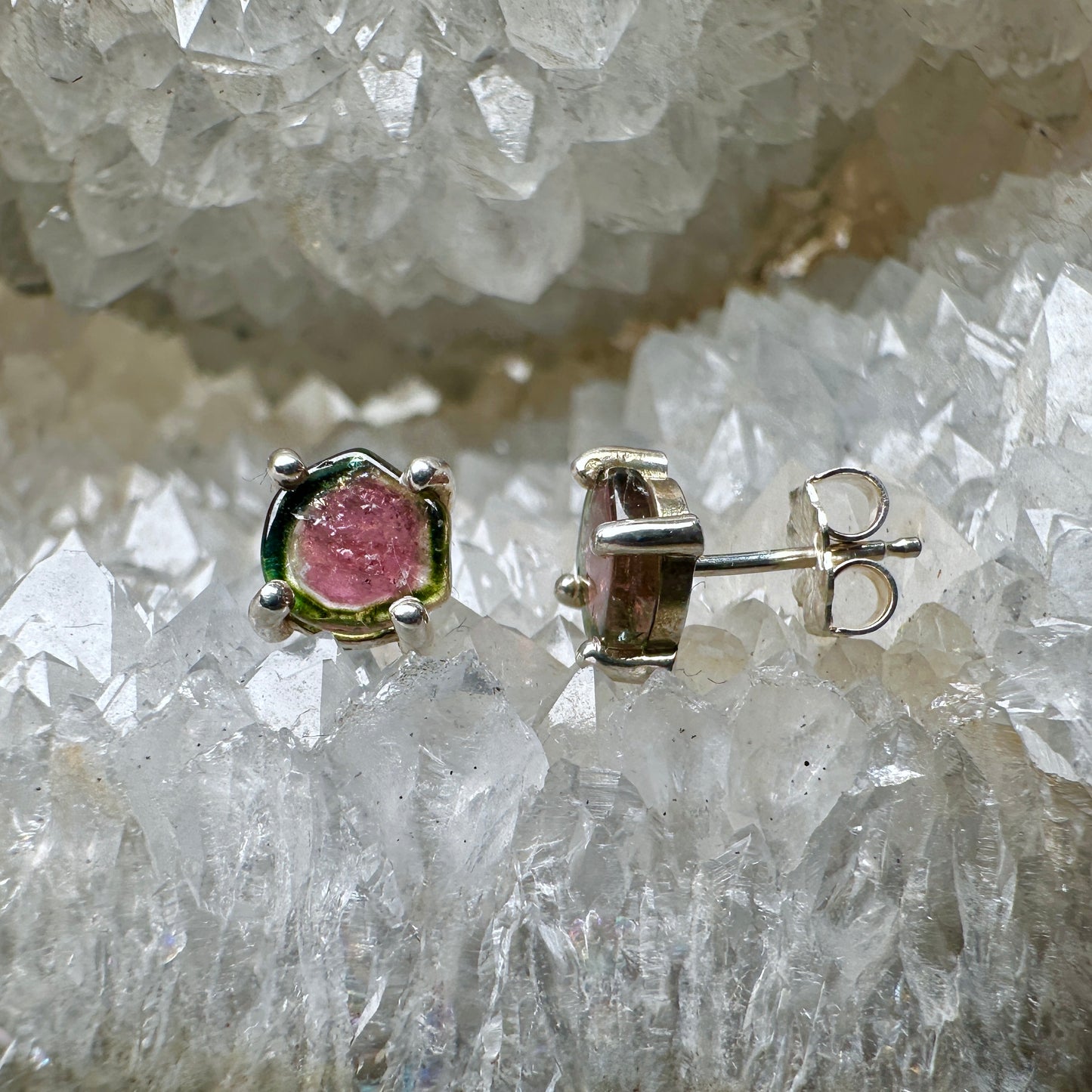 Watermelon Tourmaline Slice Stud Earrings | Sterling Silver
