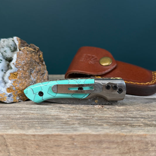 Damascus Steel and Turquoise Resin Utility Knife