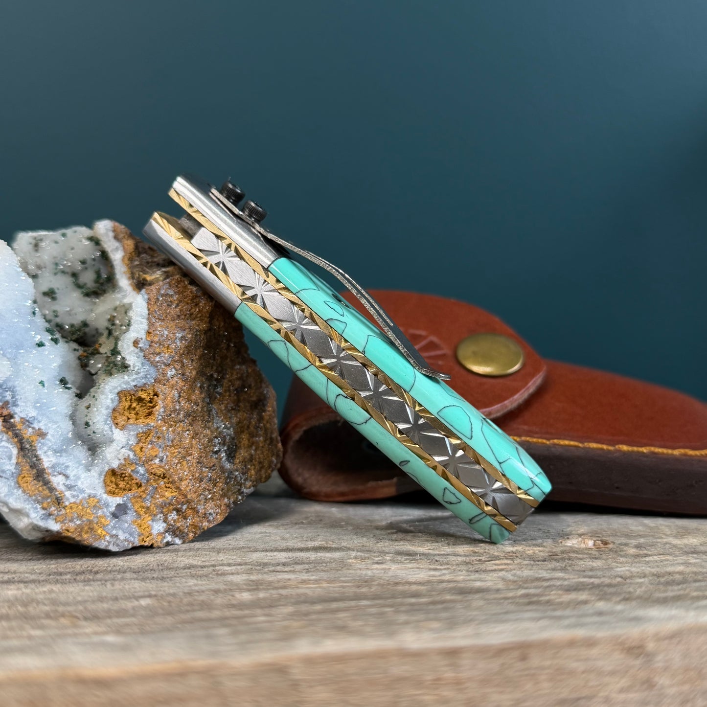 Damascus Steel and Turquoise Resin Utility Knife