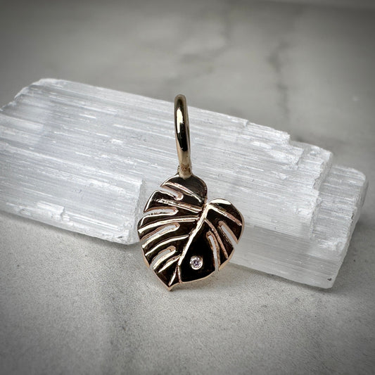 Monstera Leaf Charm with a Diamond | 14k Yellow Gold