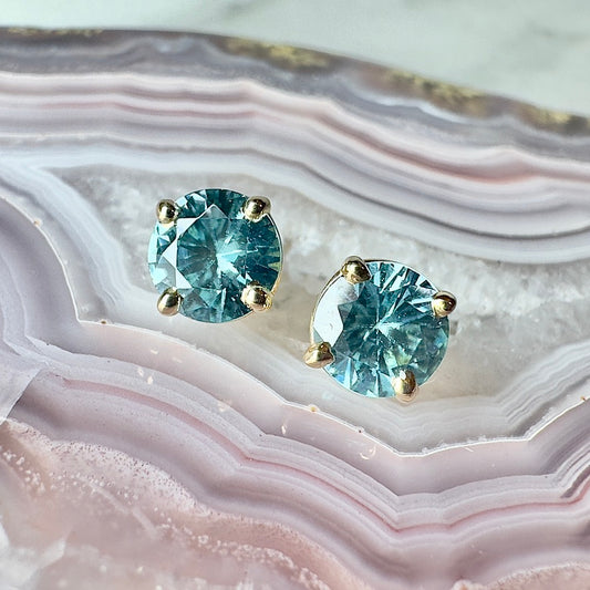 Blue Zircon Stud Earrings | 14k Yellow Gold