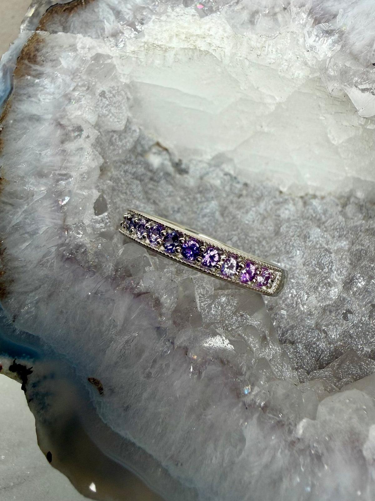 Purple Sapphire Ombre Band with Milgrain | 14k White Gold
