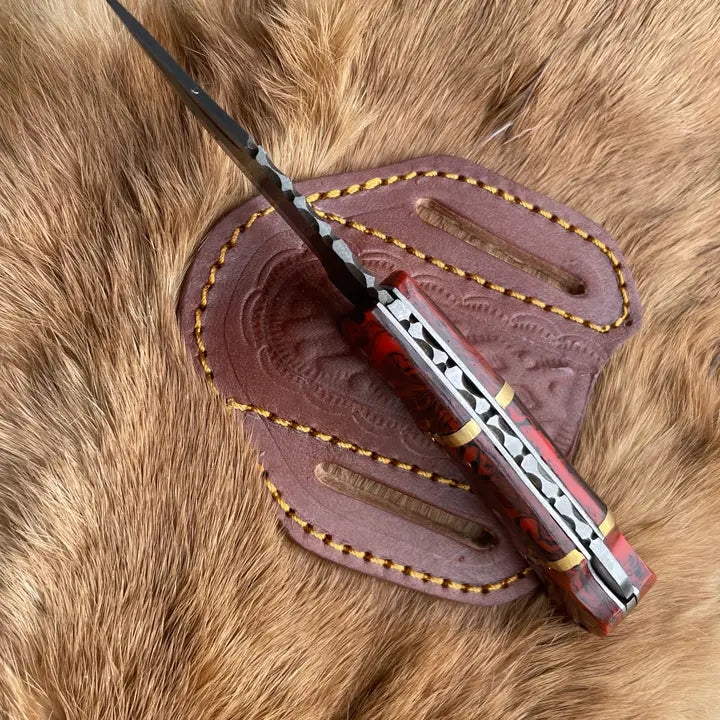 Damascus Steel Knife with Wood Patterned Red Resin Handle