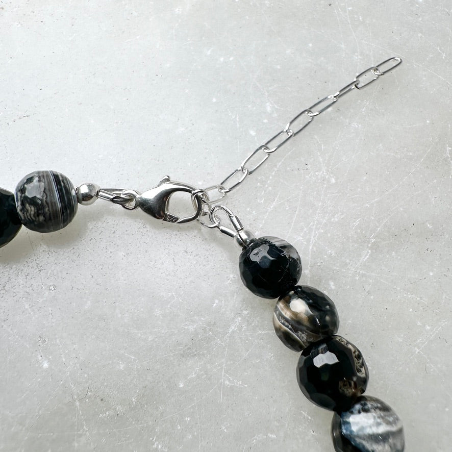 Black Banded Agate Beaded Bracelet | Sterling Silver