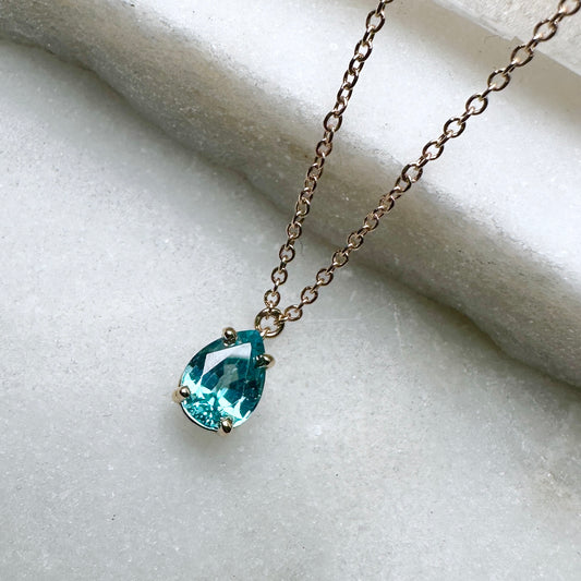 Blue Zircon Raindrop Necklace | 14k Yellow Gold