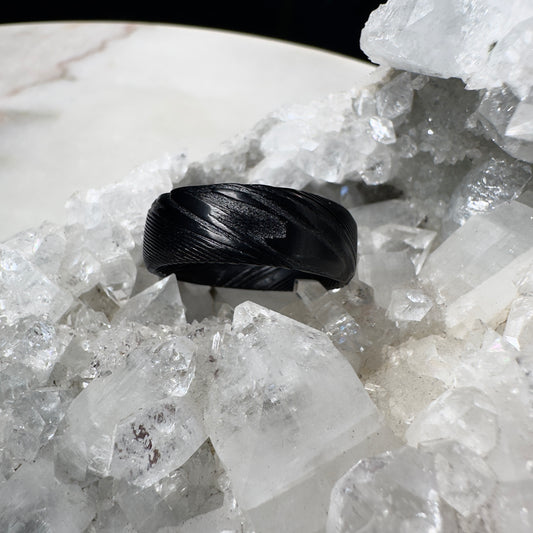Black Damascus Steel Ring with Beveled Profile