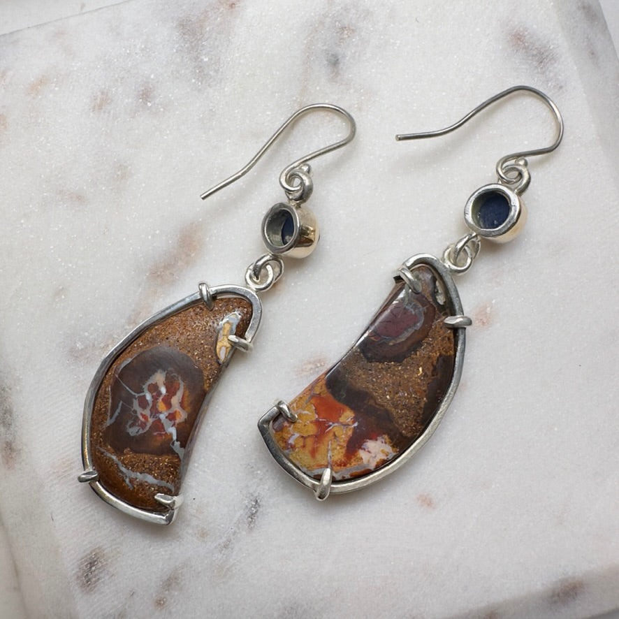 Boulder Opal & Sapphire Earrings | 14k Yellow Gold & Sterling Silver