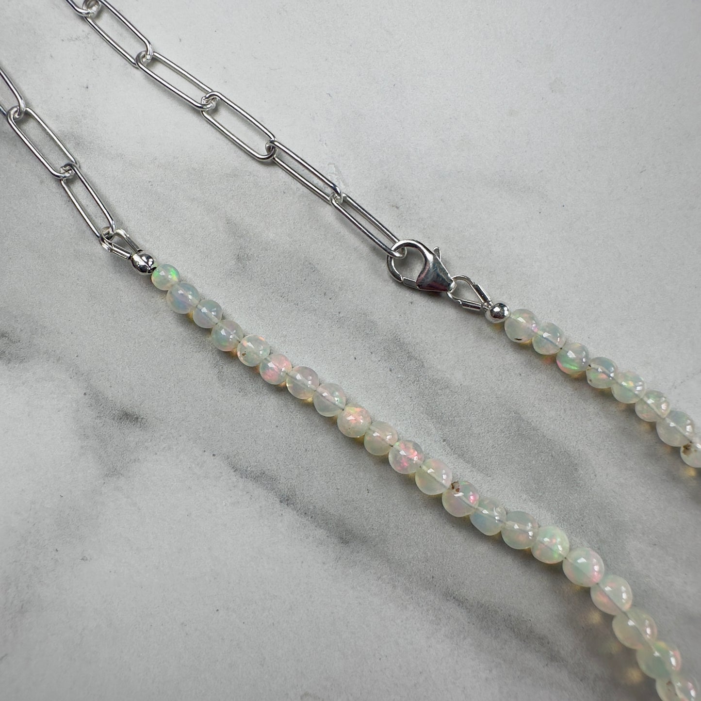White Opal Beaded Necklace with Paperclip Chain