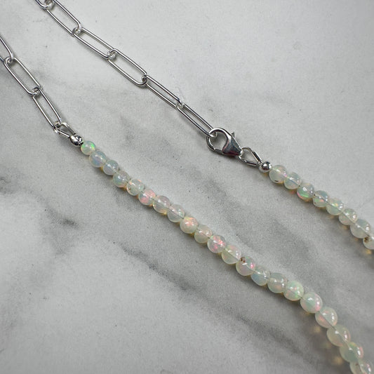 White Opal Beaded Necklace with Paperclip Chain