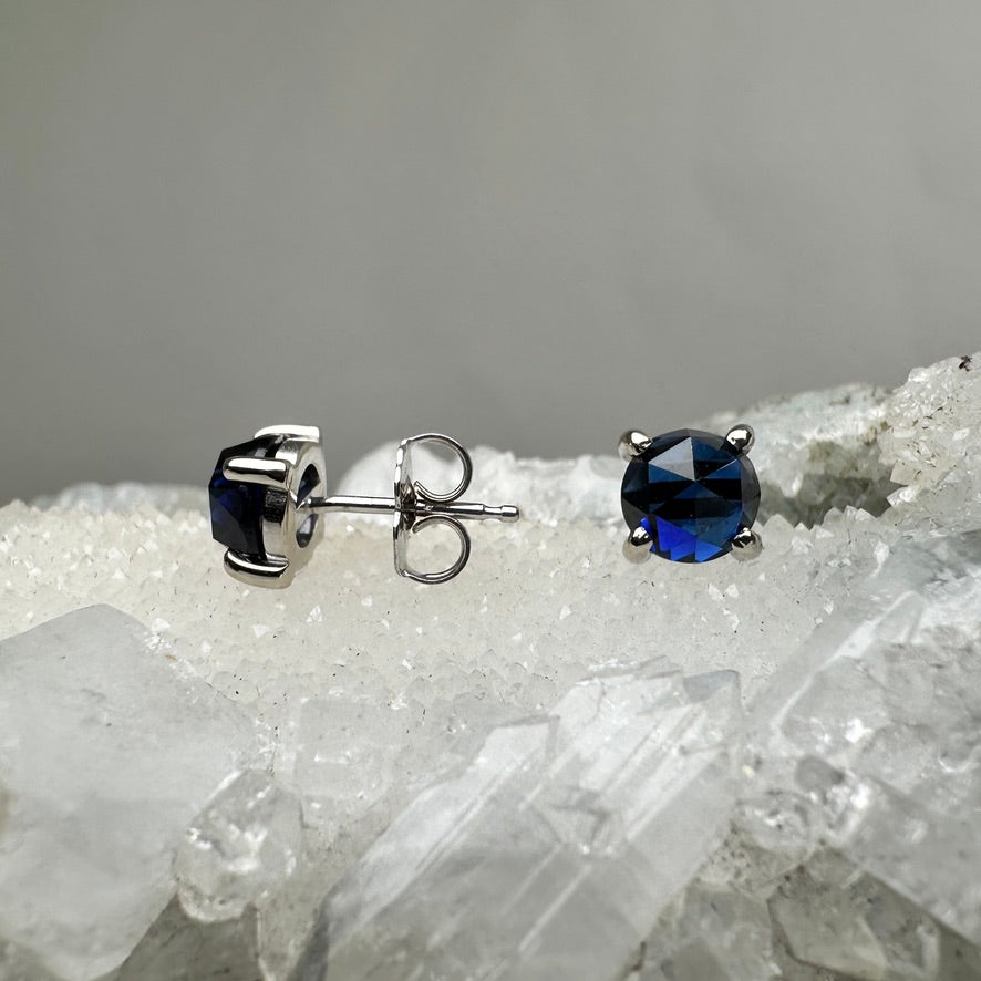 Lab Grown Sapphire 4-Prong Stud Earrings | 14k White Gold