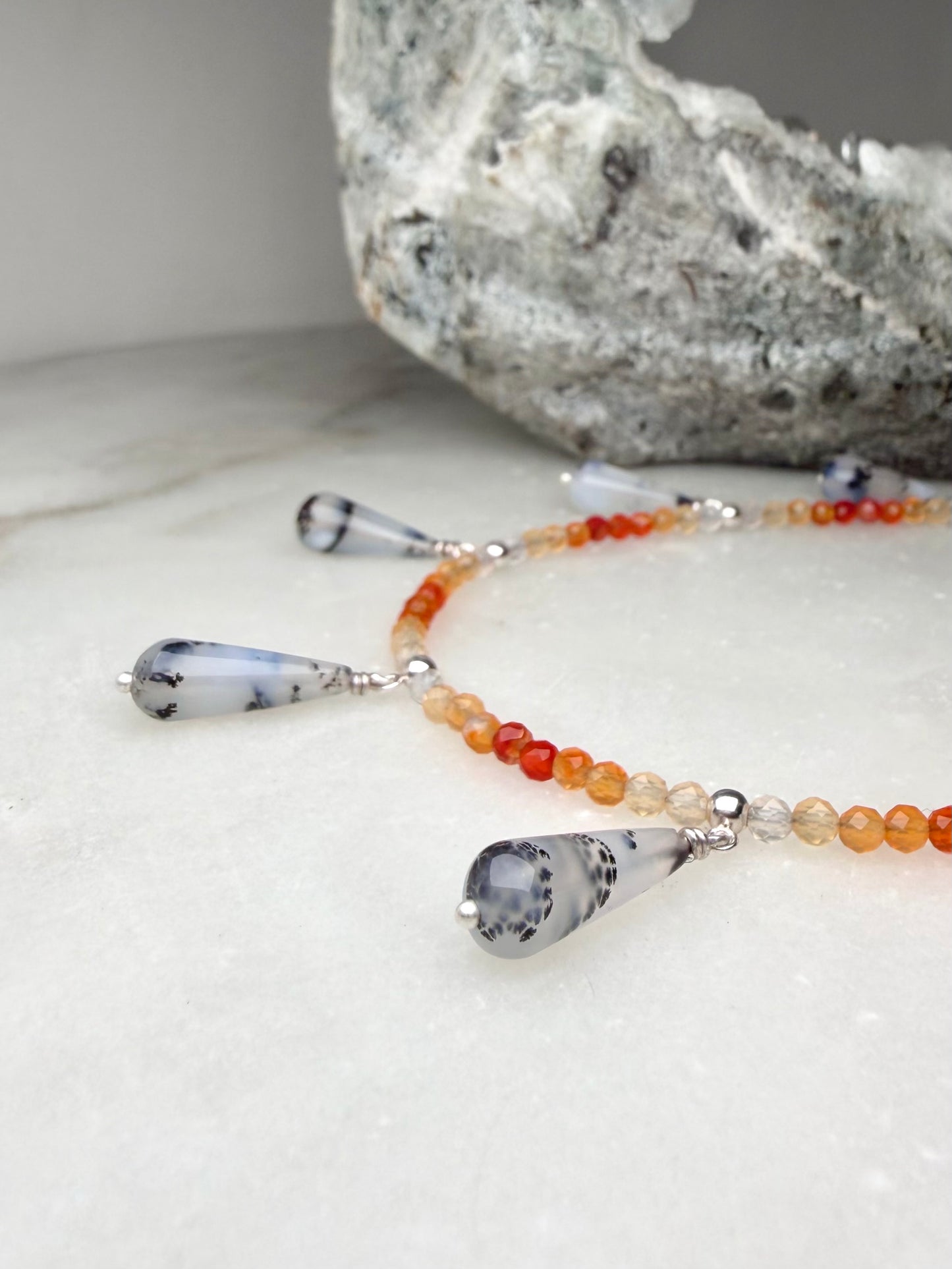 Carnelian & Dendritic Agate Droplets Necklace | Sterling Silver